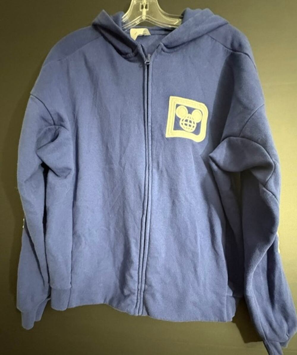Disney Parks Women’s S Blue Full Zip Hoodie Mickey Globe Embroidered Sweatshirt
